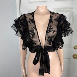 Vintage Y2K WDNY Women's Shirt 10 Sheer Lace Ruffle Bolero Tie Crop Sheer O27
